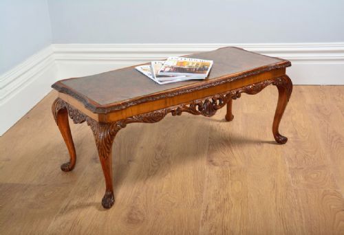 Carved Burr Walnut & Glass Rectangular Coffee Table (Circa 1920)