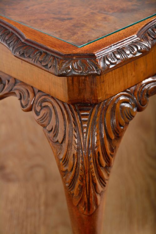 fig 5. Carved Burr Walnut & Glass Rectangular Coffee Table (Circa 1920)
