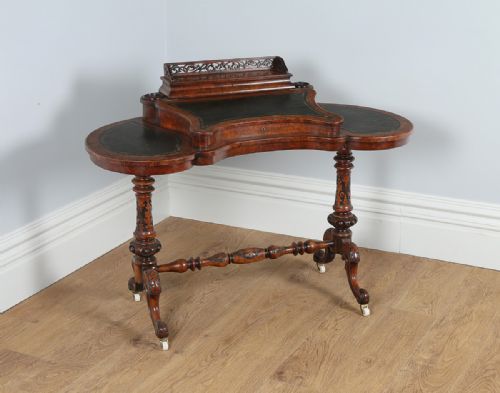 Victorian English Burr Walnut Kidney Shaped Leather Ladies Writing Table Office Desk (Circa 1860)