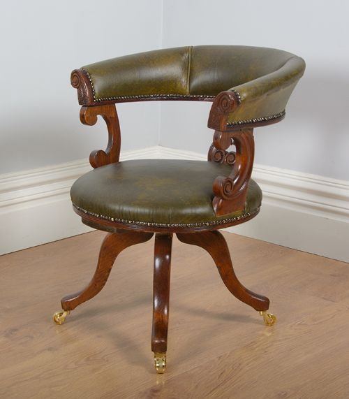 Victorian Oak & Leather Revolving Office Armchair (Circa 1860)