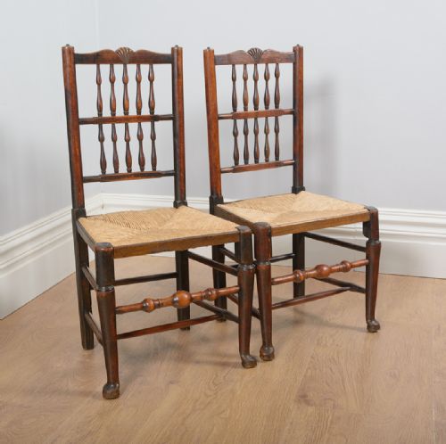 Pair of Full Age Elm Spindle Back Country Farmhouse Kitchen Chairs (Circa 1850)