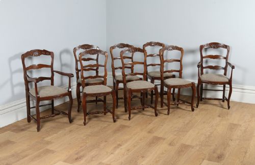Set of 8 Eight French Louis Provincial Oak Ladder Back Upholstered Kitchen Dining Chairs (Circa 1910)
