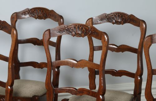 fig 1. Set of 8 Eight French Louis Provincial Oak Ladder Back Upholstered Kitchen Dining Chairs (Circa 1910)