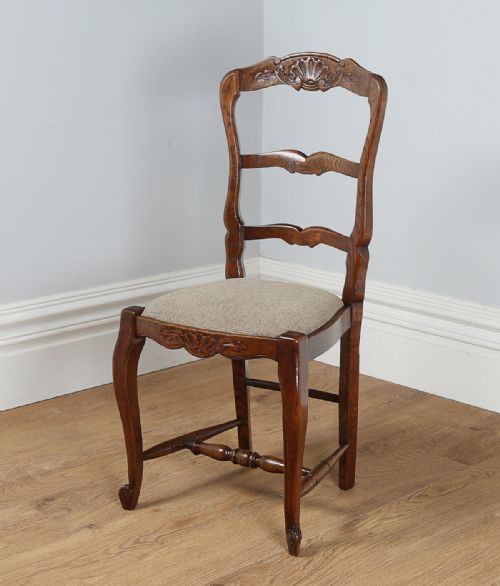 fig 3. Set of 8 Eight French Louis Provincial Oak Ladder Back Upholstered Kitchen Dining Chairs (Circa 1910)