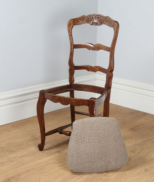 fig 4. Set of 8 Eight French Louis Provincial Oak Ladder Back Upholstered Kitchen Dining Chairs (Circa 1910)