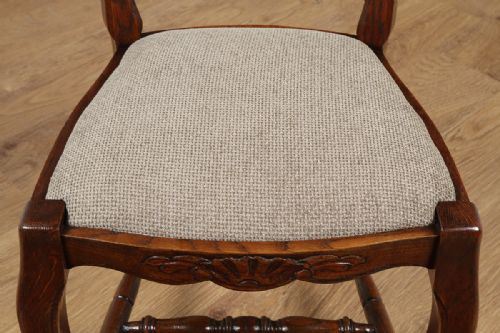fig 7. Set of 8 Eight French Louis Provincial Oak Ladder Back Upholstered Kitchen Dining Chairs (Circa 1910)