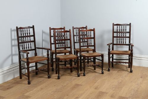 Set of 6 Six Ash & Elm Spindle Back Rush Seat Country Farmhouse Kitchen Dining Chairs (Circa 1880)