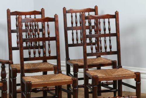fig 1. Set of 6 Six Ash & Elm Spindle Back Rush Seat Country Farmhouse Kitchen Dining Chairs (Circa 1880)