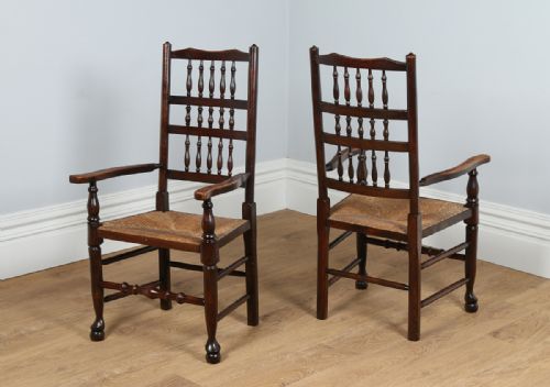 fig 3. Set of 6 Six Ash & Elm Spindle Back Rush Seat Country Farmhouse Kitchen Dining Chairs (Circa 1880)