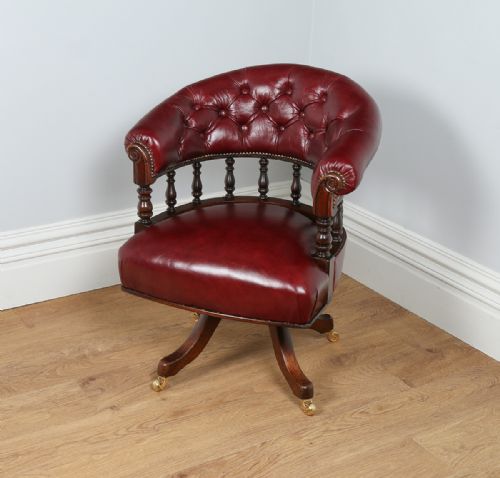 Victorian Mahogany & Red Leather Revolving Tub Office Desk Armchair Chair (Circa 1890)