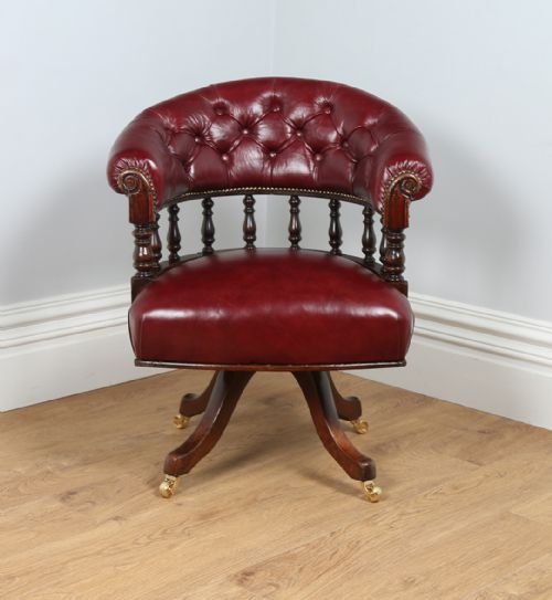 fig 1. Victorian Mahogany & Red Leather Revolving Tub Office Desk Armchair Chair (Circa 1890)