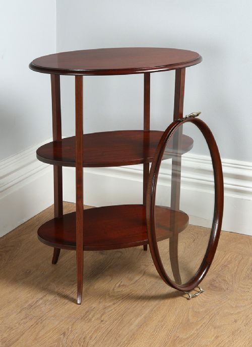 Edwardian Mahogany Inlaid Oval Side Table / Stand with Detachable Glass Serving Drinks Tray (Circa 1900)