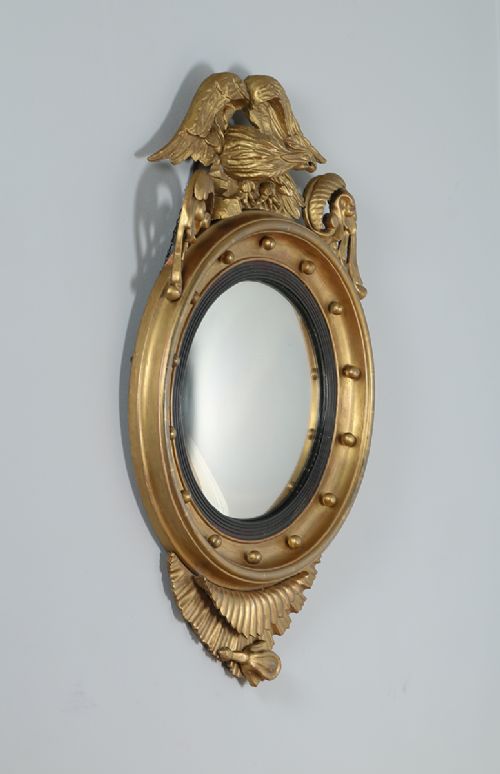 fig 1. Antique English Georgian Regency Carved Gilt Wood Eagle Convex Butlers Round Wall Mirror (Circa 1820)