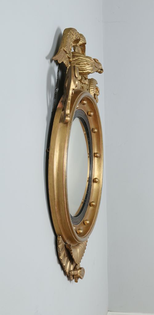 fig 2. Antique English Georgian Regency Carved Gilt Wood Eagle Convex Butlers Round Wall Mirror (Circa 1820)