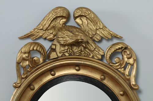 fig 3. Antique English Georgian Regency Carved Gilt Wood Eagle Convex Butlers Round Wall Mirror (Circa 1820)