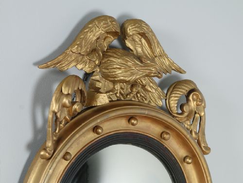 fig 4. Antique English Georgian Regency Carved Gilt Wood Eagle Convex Butlers Round Wall Mirror (Circa 1820)