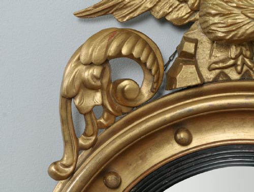 fig 6. Antique English Georgian Regency Carved Gilt Wood Eagle Convex Butlers Round Wall Mirror (Circa 1820)