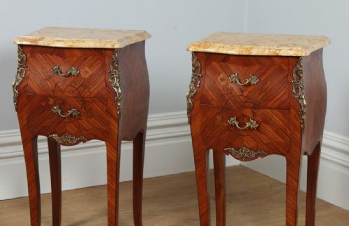 fig 3. Pair of French Louis XVI Tulipwood, Kingwood & Marquetry Serpentine Bombe Bedside Night Chests Cabinets Tables (Circa 1900)