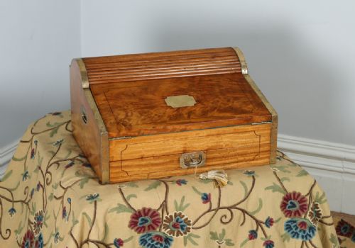 Victorian Anglo Indian / Colonial Camphor Wood & Brass Nautical / Military Campaign Roll Top Writing Slope Box  (Circa 1850)