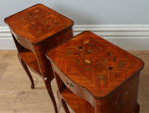 fig 1. Pair of French Louis XVI Tulipwood, Kingwood & Marquetry Serpentine Bedside Night Stands Chests Cabinets Tables (Circa 1900)