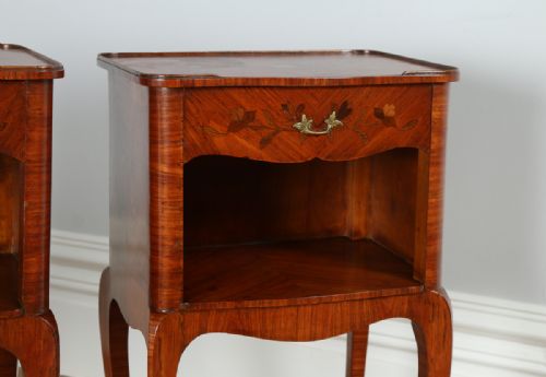 fig 3. Pair of French Louis XVI Tulipwood, Kingwood & Marquetry Serpentine Bedside Night Stands Chests Cabinets Tables (Circa 1900)
