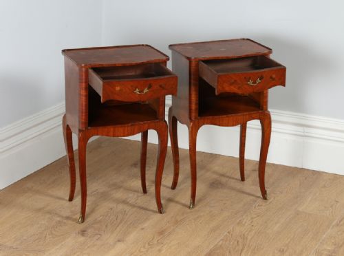 fig 8. Pair of French Louis XVI Tulipwood, Kingwood & Marquetry Serpentine Bedside Night Stands Chests Cabinets Tables (Circa 1900)
