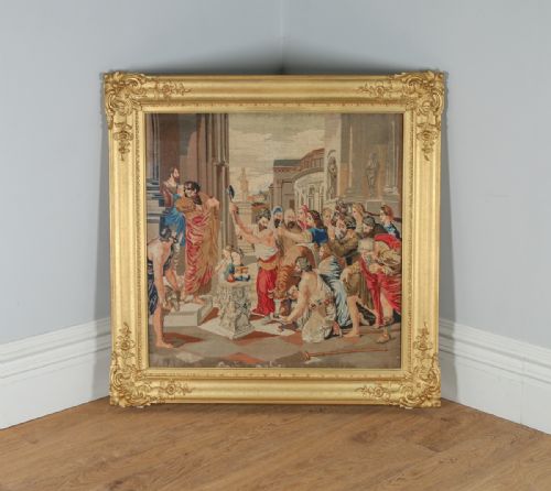 Antique Victorian English Needlework Berlin Tapestry Picture in Carved Floral Gilt Wood Gesso Frame (Circa 1860)