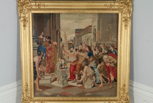 fig 2. Antique Victorian English Needlework Berlin Tapestry Picture In Carved Floral Gilt Wood Gesso Frame (Circa 1860)