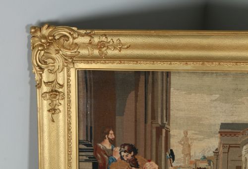 fig 3. Antique Victorian English Needlework Berlin Tapestry Picture In Carved Floral Gilt Wood Gesso Frame (Circa 1860)