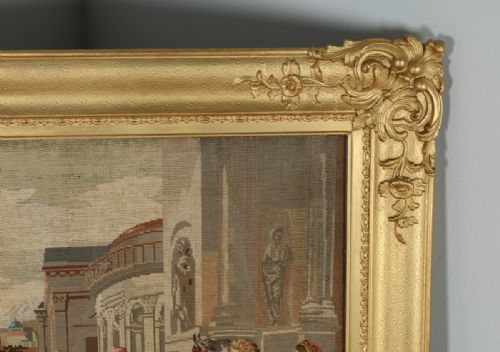 fig 6. Antique Victorian English Needlework Berlin Tapestry Picture In Carved Floral Gilt Wood Gesso Frame (Circa 1860)