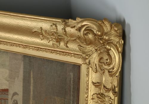 fig 7. Antique Victorian English Needlework Berlin Tapestry Picture In Carved Floral Gilt Wood Gesso Frame (Circa 1860)