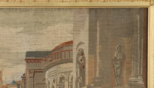 fig 8. Antique Victorian English Needlework Berlin Tapestry Picture In Carved Floral Gilt Wood Gesso Frame (Circa 1860)
