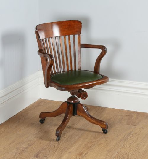 Edwardian Oak & Green Leather Revolving Hillcrest Office Desk Chair (Circa 1910)
