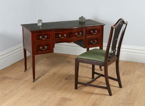 Edwardian Ladies Inlaid Mahogany & Leather Bow Front Marquetry Maples Writing Table Office Desk (Circa 1901 - 1910)