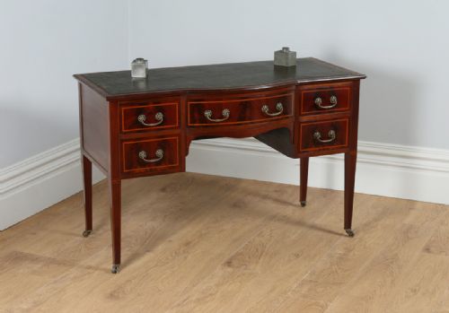 fig 1. Edwardian Ladies Inlaid Mahogany & Leather Bow Front Marquetry Maples Writing Table Office Desk (Circa 1901 - 1910)