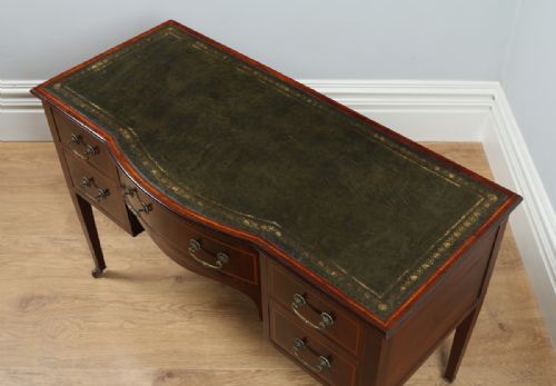 fig 2. Edwardian Ladies Inlaid Mahogany & Leather Bow Front Marquetry Maples Writing Table Office Desk (Circa 1901 - 1910)