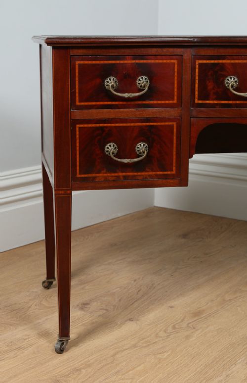 fig 3. Edwardian Ladies Inlaid Mahogany & Leather Bow Front Marquetry Maples Writing Table Office Desk (Circa 1901 - 1910)