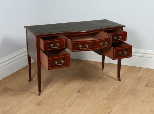 fig 7. Edwardian Ladies Inlaid Mahogany & Leather Bow Front Marquetry Maples Writing Table Office Desk (Circa 1901 - 1910)