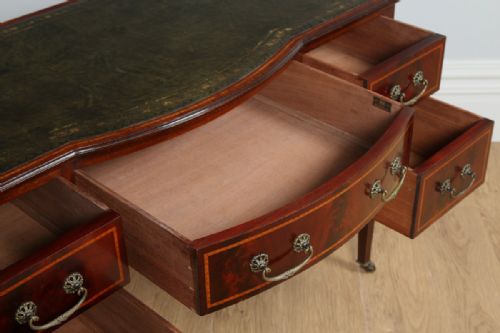 fig 8. Edwardian Ladies Inlaid Mahogany & Leather Bow Front Marquetry Maples Writing Table Office Desk (Circa 1901 - 1910)