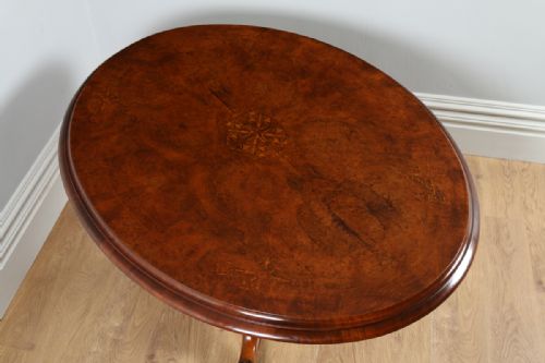 fig 4. Victorian Burr Walnut Inlaid Marquetry Tilt Top Oval Breakfast Loo Kitchen Dining Centre Table (Circa 1860)