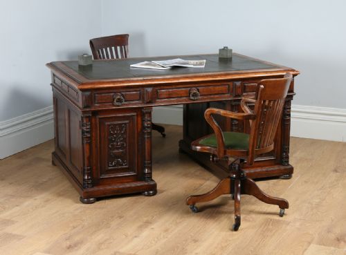 French 5ft 2” Oak & Leather Carved Double Sided Partners Pedestal Office Writing Desk (Circa 1850)