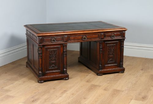 fig 1. French 5ft 2” Oak & Leather Carved Double Sided Partners Pedestal Office Writing Desk (Circa 1850)