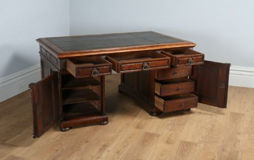 fig 7. French 5ft 2” Oak & Leather Carved Double Sided Partners Pedestal Office Writing Desk (Circa 1850)