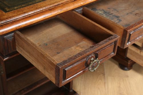 fig 8. French 5ft 2” Oak & Leather Carved Double Sided Partners Pedestal Office Writing Desk (Circa 1850)