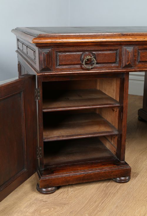 fig 9. French 5ft 2” Oak & Leather Carved Double Sided Partners Pedestal Office Writing Desk (Circa 1850)