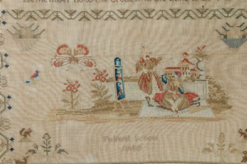 fig 6. Victorian English Child’s Embroidered Needlework Tapestry Sampler Picture In Rosewood Frame (Circa 1848)
