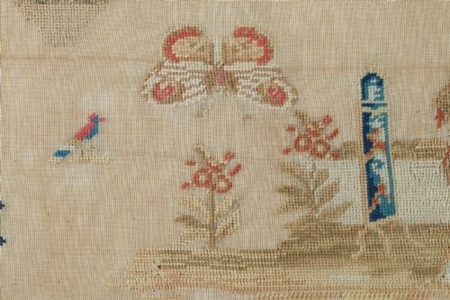 fig 7. Victorian English Child’s Embroidered Needlework Tapestry Sampler Picture In Rosewood Frame (Circa 1848)