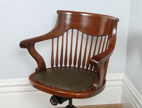 fig 1. Victorian Mahogany Revolving Office Desk Library Captains Leather Chair (Circa 1880)