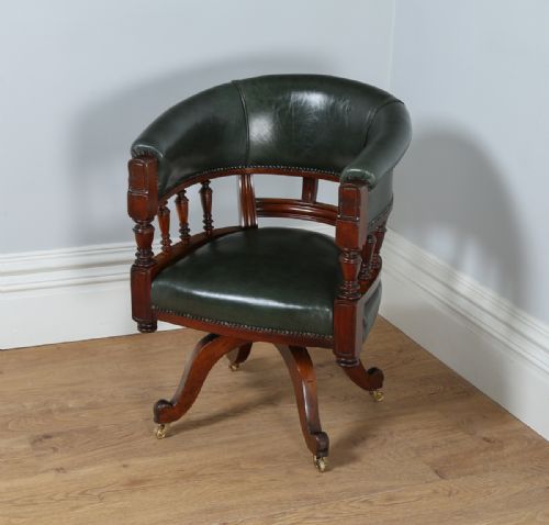 Victorian Mahogany Revolving Office Green Leather Desk Tub Library Captains Chair (Circa 1880)