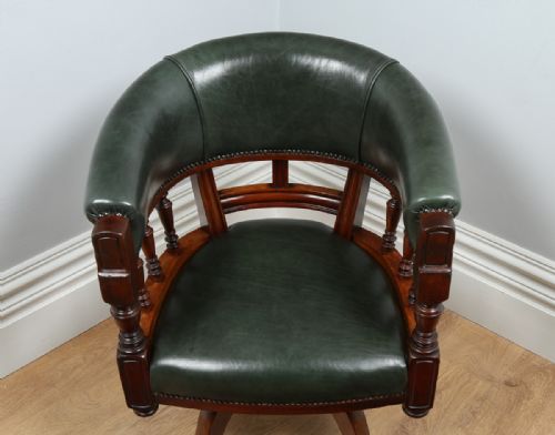 fig 1. Victorian Mahogany Revolving Office Green Leather Desk Tub Library Captains Chair (Circa 1880)